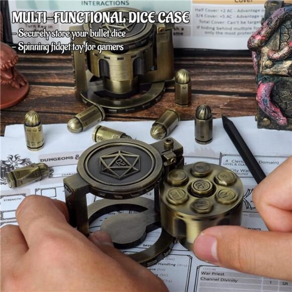 Metal Polyhedral Bullet Dice Set of 7 with Spinning Revolver Cylinder Container - Picture 2 of 6